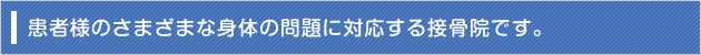 患者さまのさまざまな身体の問題に対応する接骨院です。